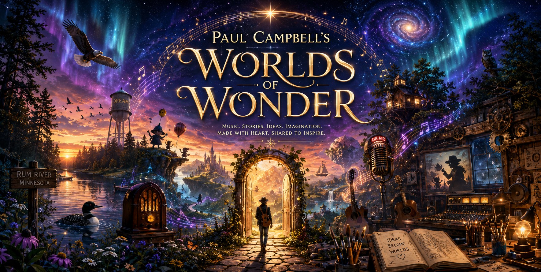 Paul Campbell's Worlds of Wonder magical gateway banner showing music, nature, radio, invention, storytelling, and creative worlds